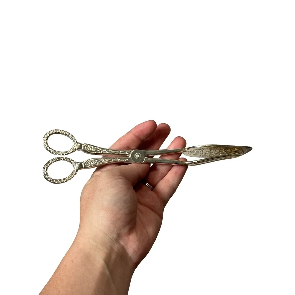 Vintage Ornate Silver Tone Scissor Style Pastry Serving Tongs 8.5 Inch
